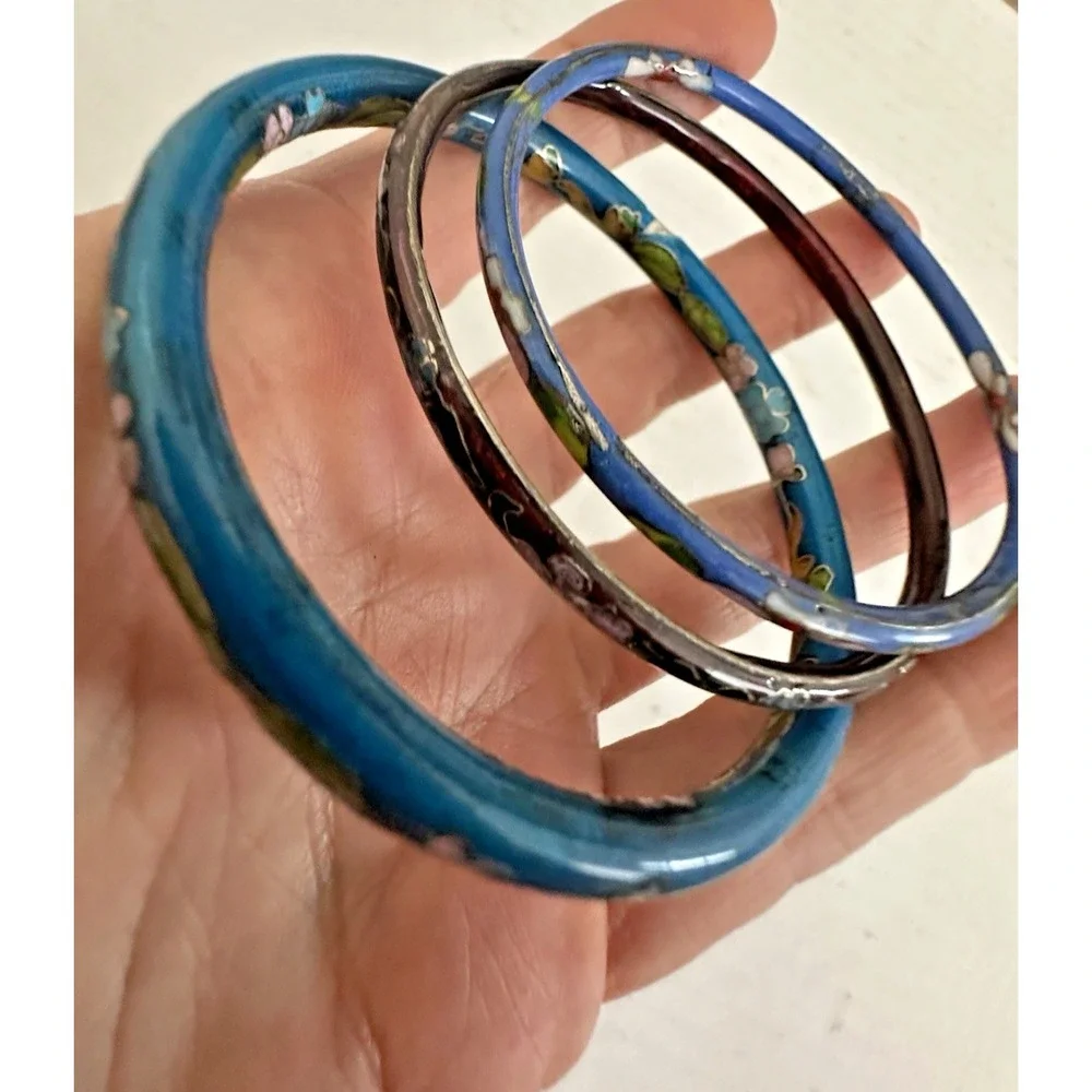 Cloisonne Bangle Bracelet Blue Aqua Floral Pink Metal Set of 3